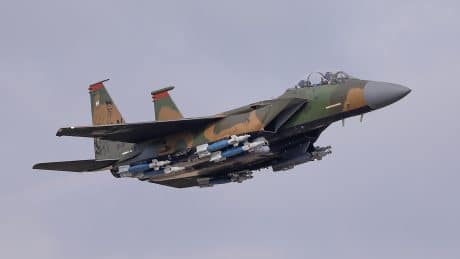 New Photos Show Lakenheath’s Camo F-15E Tooled Up With Practice Bomb Load