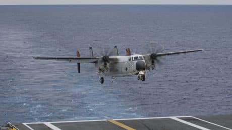 C-2 Greyhound Flies Off an Aircraft Carrier for the Last Time