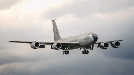 KC-135 Damaged In Fatal Mid Air Collision Transits Home with Donor Tail