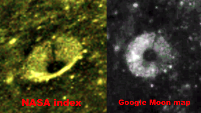 Tower structure with gold orb hovering over it, in crater on Moon, UFO UAP Sighting News.