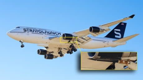 Stratolaunch’s Boeing 747 Spotted With Previously Unseen Rocket Under Its Wings